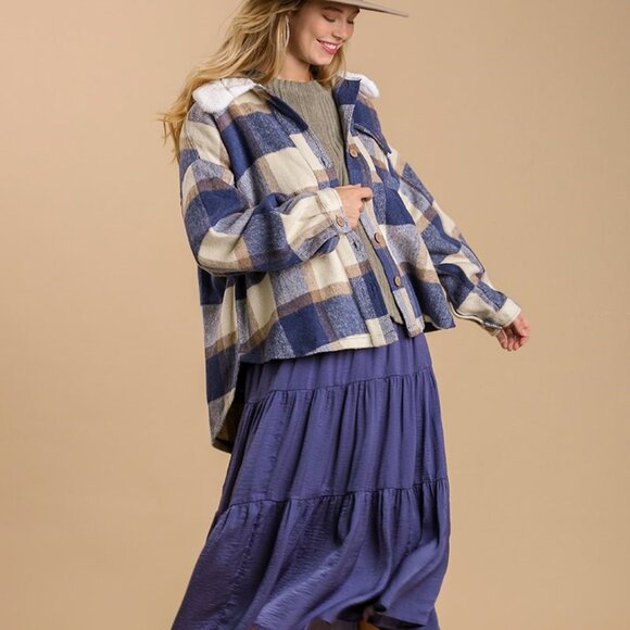 NWT Boutique Dusty Blue Plaid Shacket - Picture 5 of 6